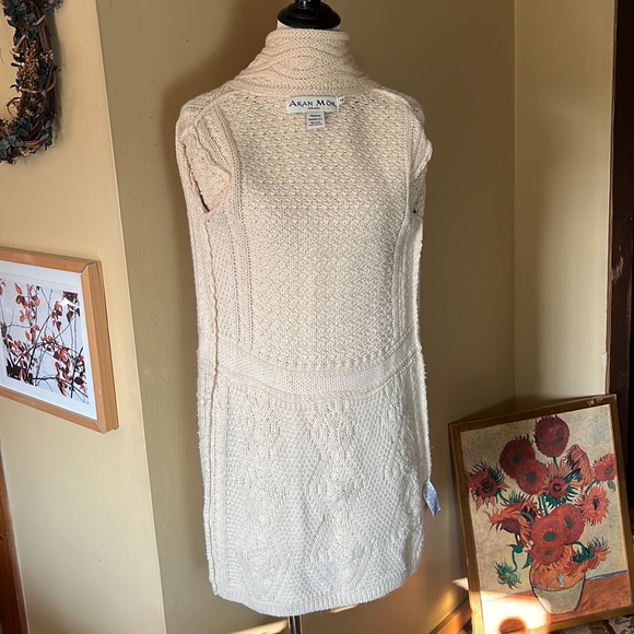 ARAN MOR IRELAND Size Small Long Fisherman Sweater Ecru Cableknit Zip Front - Picture 12 of 16